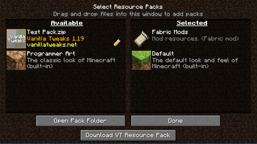 Pack selection screen