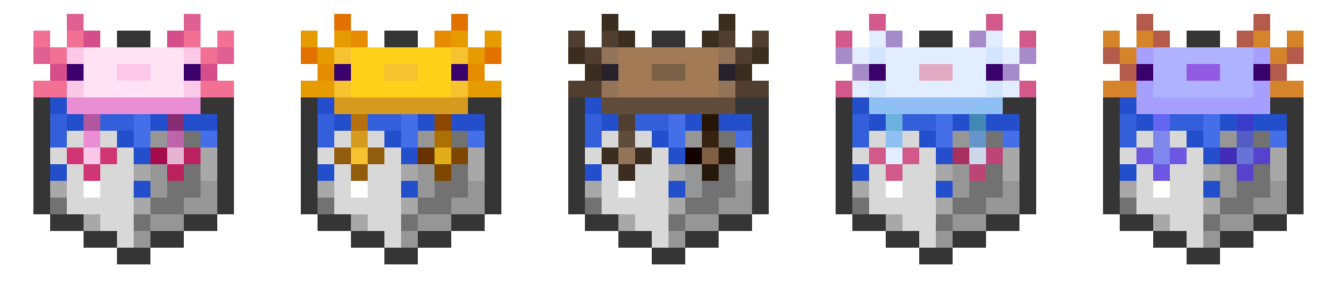 An image with all the axolotl buckets in the pack, which you can see when using CIT Resewn or Optifine. The image features the Complementary r5.0 Shaders