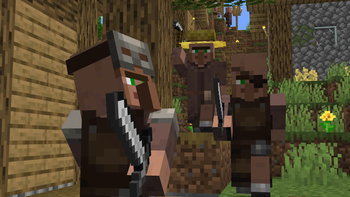 Villagers wielding profession-based weapons