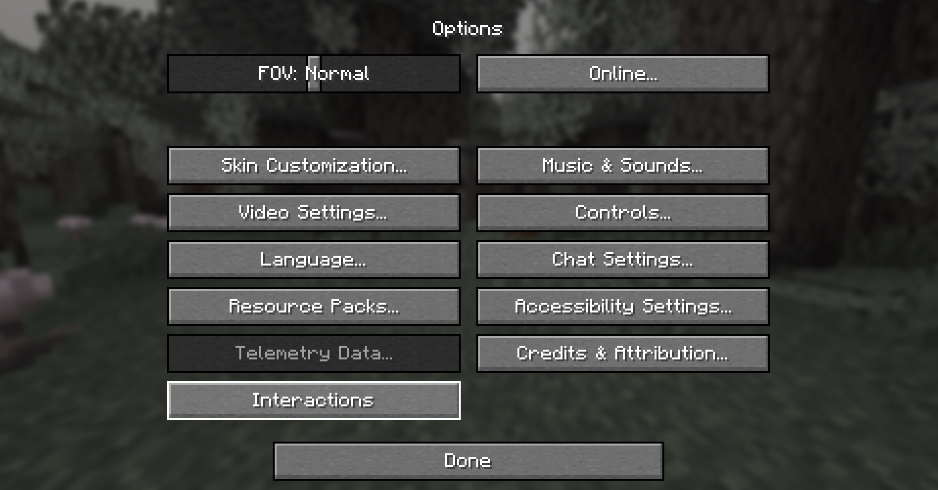 Screenshot of the in game options menu, showing the 'Interactions' button.