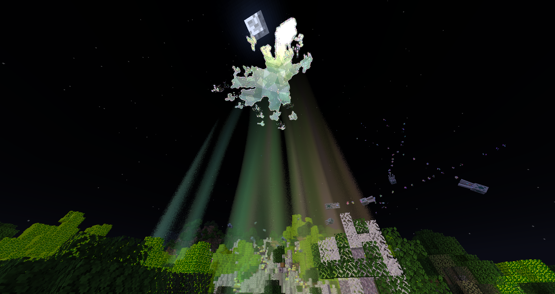 The Sky is Torn open, beyond lies a Sea of Stars. The Rift shines a Rainbow Light, and the trees turn a pale pink. Flying squid-like beings fill the air.