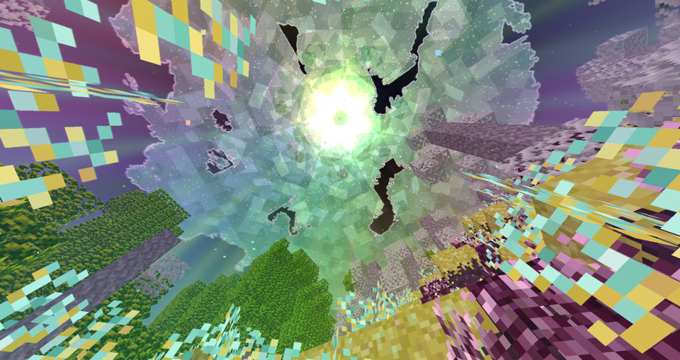 The Sky is torn apart. Stars are visible beyond the Rift. The world around is bathed in Rainbow Hues, and the blocks have been Warped by Starlight.