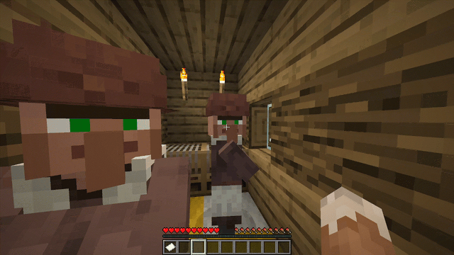 A gif of the player right-clicking on a villager, seeing their increased prices, and then right-clicking again with a sheet of paper to view the villager's stats.