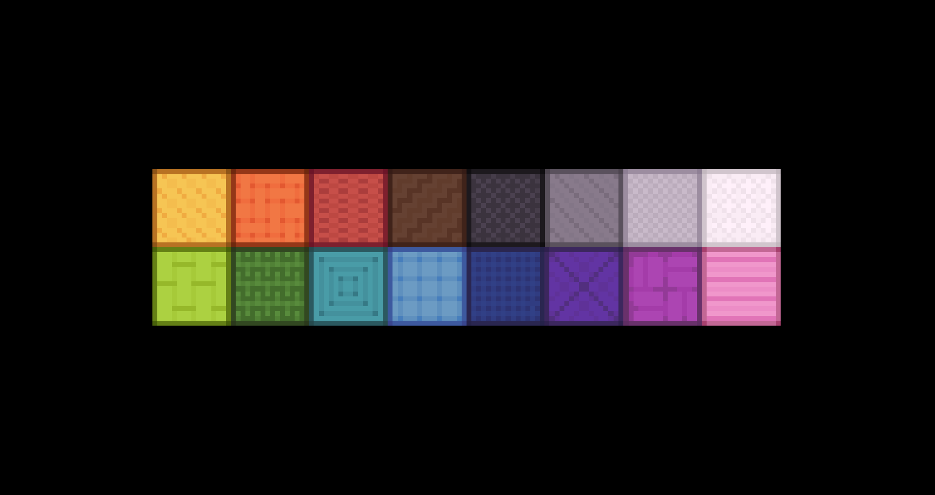 An image of every color of minecraft wool, each with a different pattern.