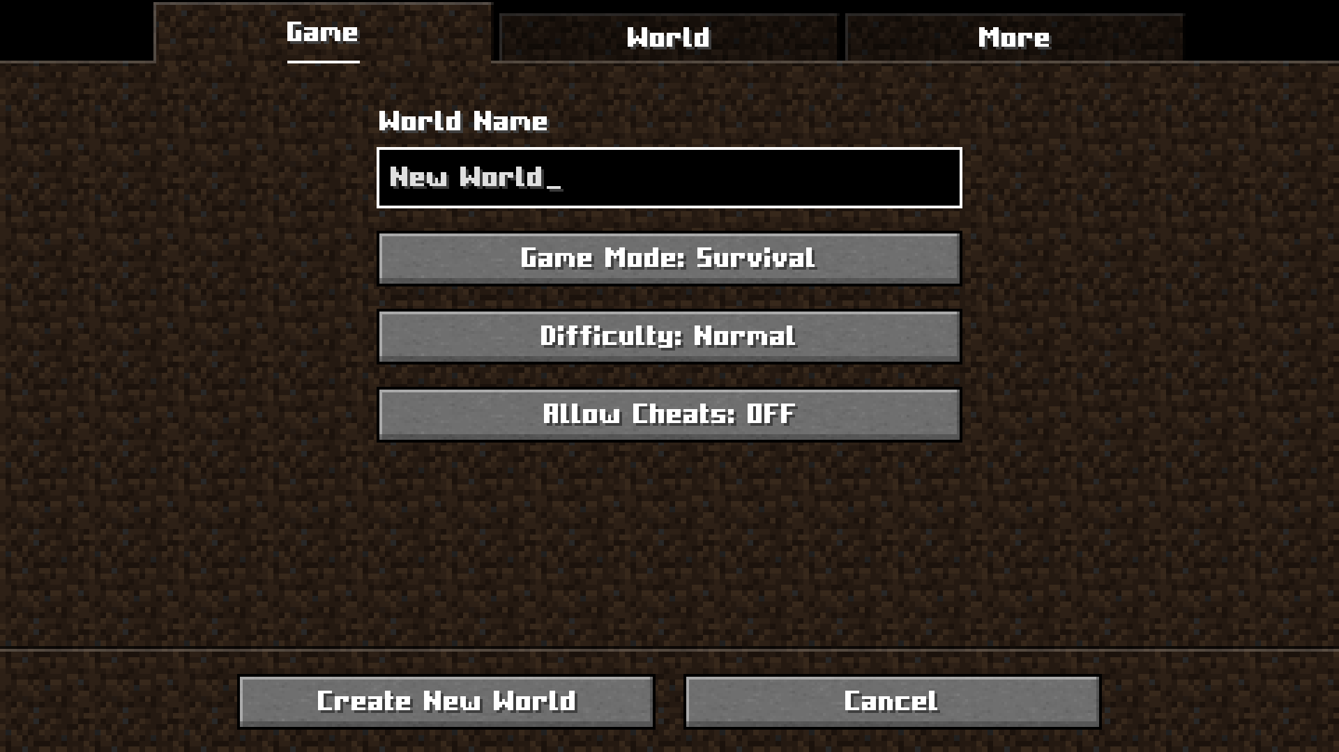 World creation screen