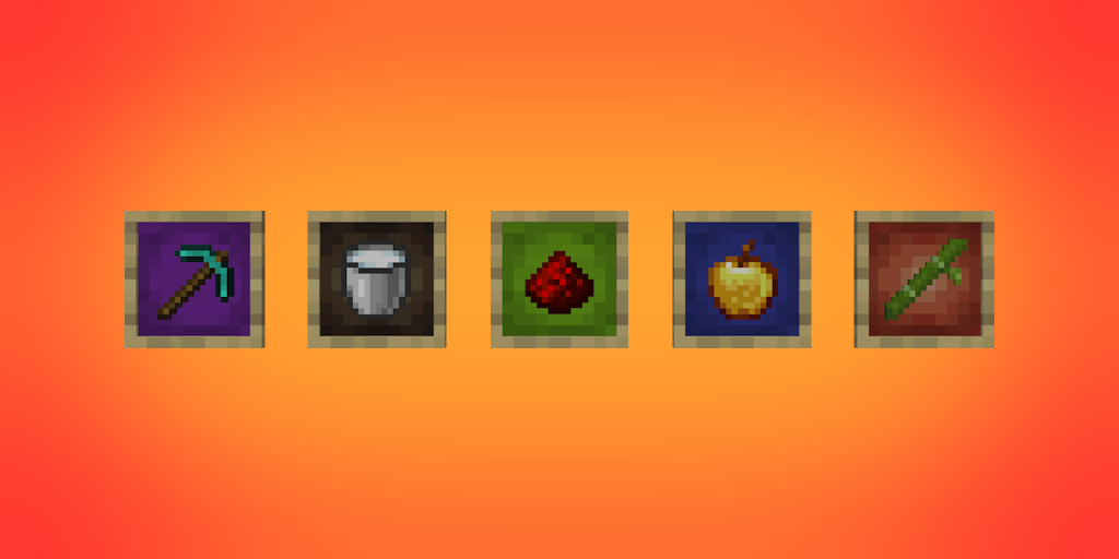 A display of 5 different item frames coloured in different ways. From left to right: Diamond Pickaxe in a purple Item Frame, Milk Bucket in a black Glow Item Frame, Redstone Dust in a green Item Frame, Golden Apple in a blue Item Frame, Bamboo in a red Glow Item Frame