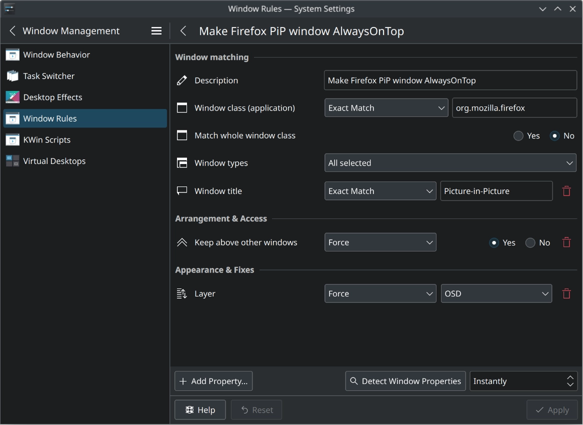 KDE Plasma window rule example