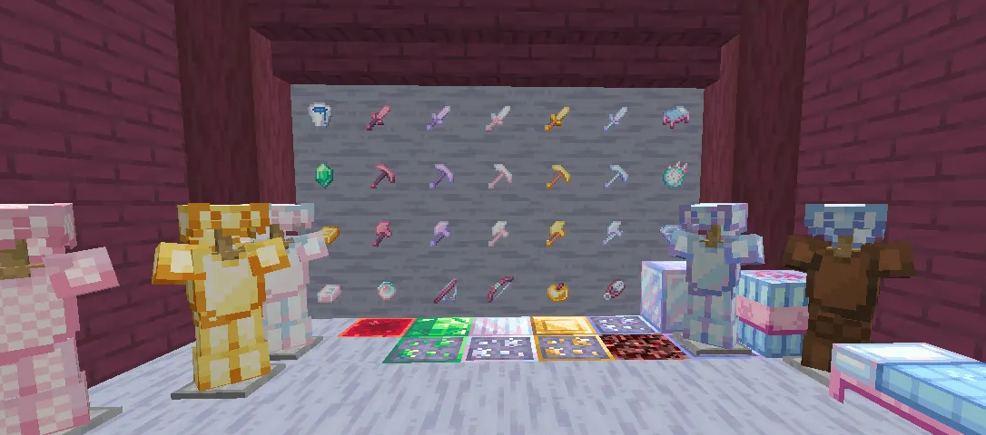 Screenshot of minecraft armor sets and items, in a pastel texture pack.