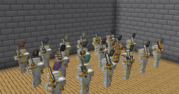 Gold-Trimmed Iron Swords held by Armor Stands.