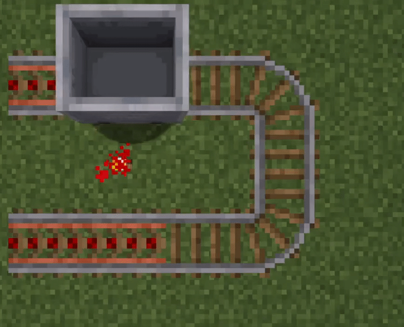 Example use of copper rails to redirect a minecart