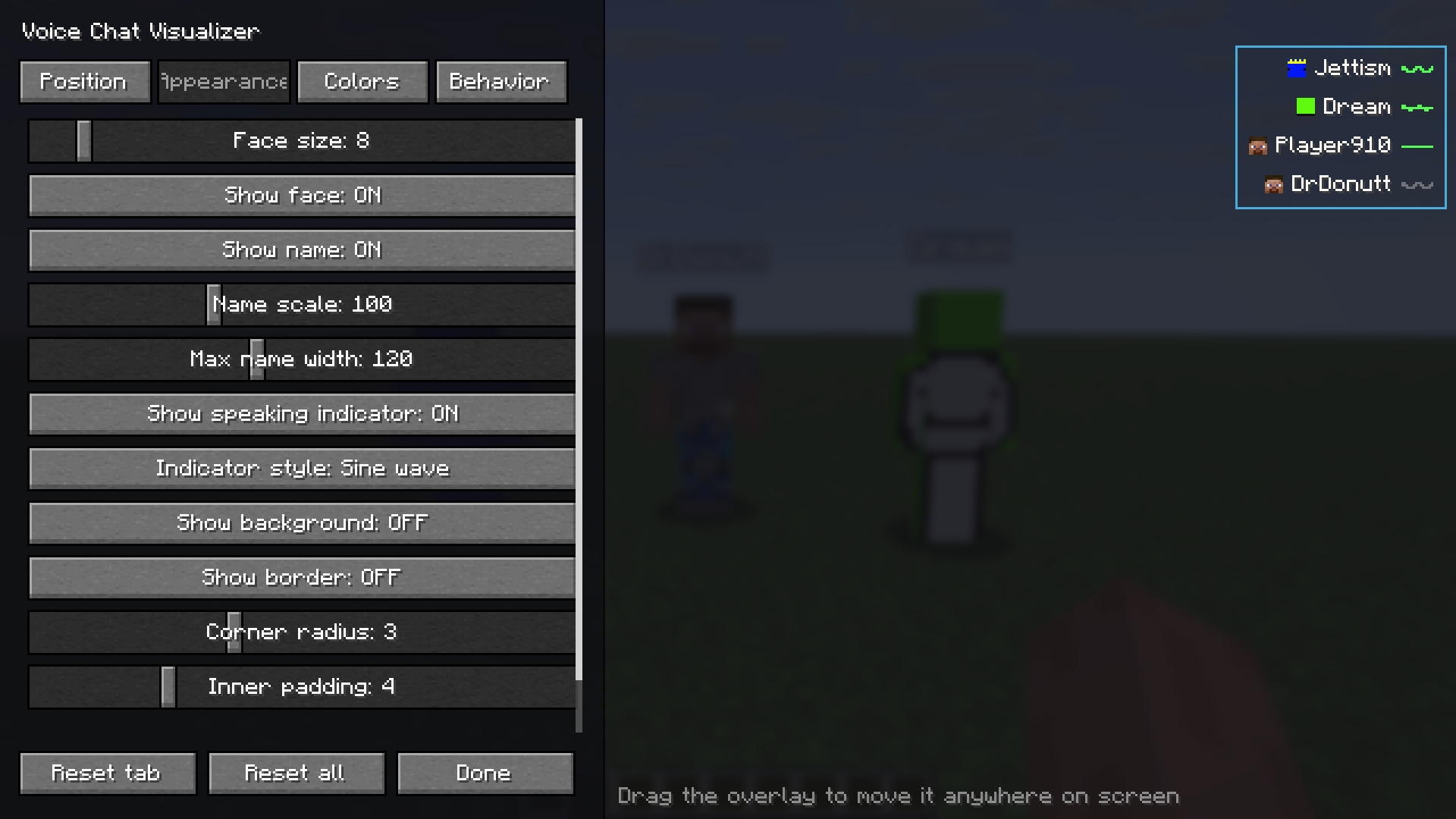 Configurator on the Appearance tab, showing sliders and toggles such as face size, name scale and indicator style