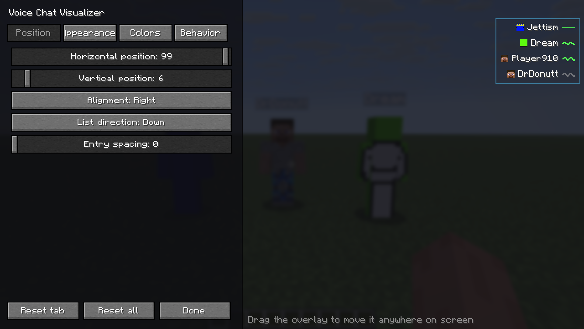 Configurator on the Position tab, with the settings panel on the left and a live, draggable overlay preview on the right