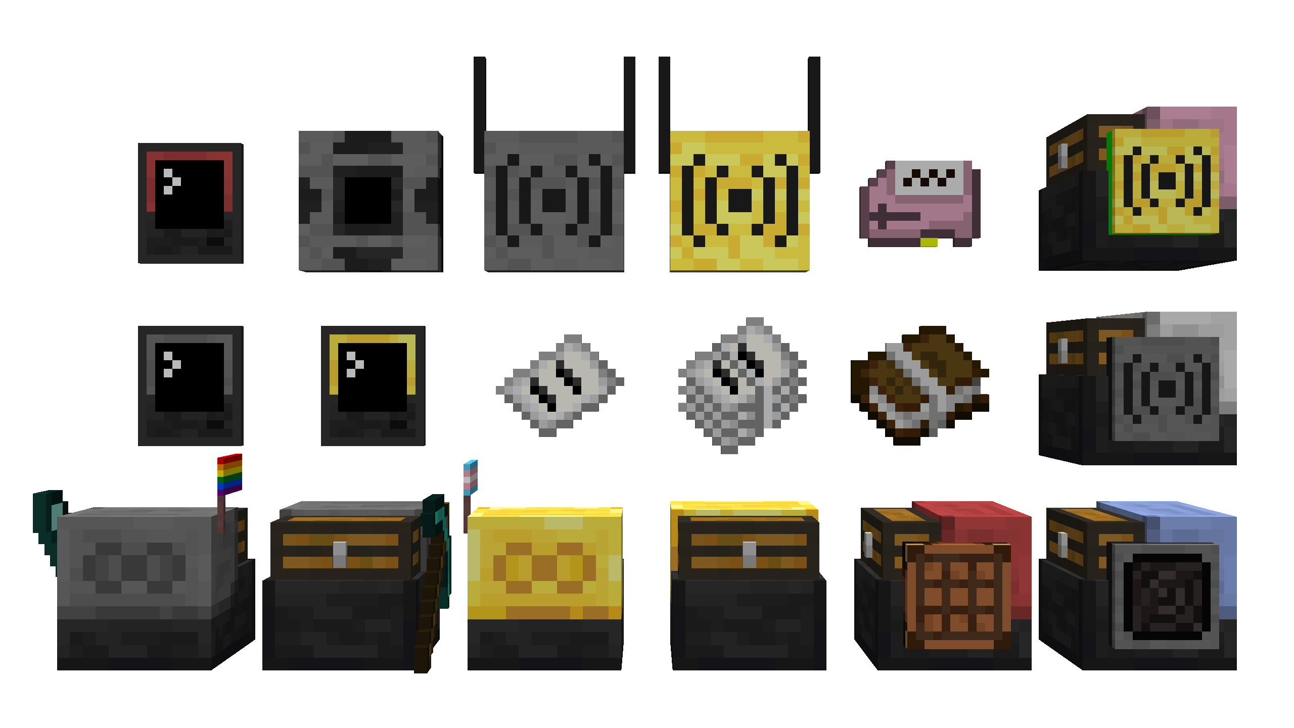 The items of the resource pack, as well as turtles. Left to right, top to bottom: Red pocket computer, wired modem, wireless modem, ender modem, pink memory card, pink turtle with an ender modem, pocket computer, advanced pocket computer, printed sheet, pile of printed sheets, printed book, white turtle with a wireless modem, normal turtle with a pride flag and sword, back of normal turtle with a pickaxe, advanced turtle with a trans flag, back of advanced turtle, side of red turtle with a crafting table, side of light blue turtle with a speaker