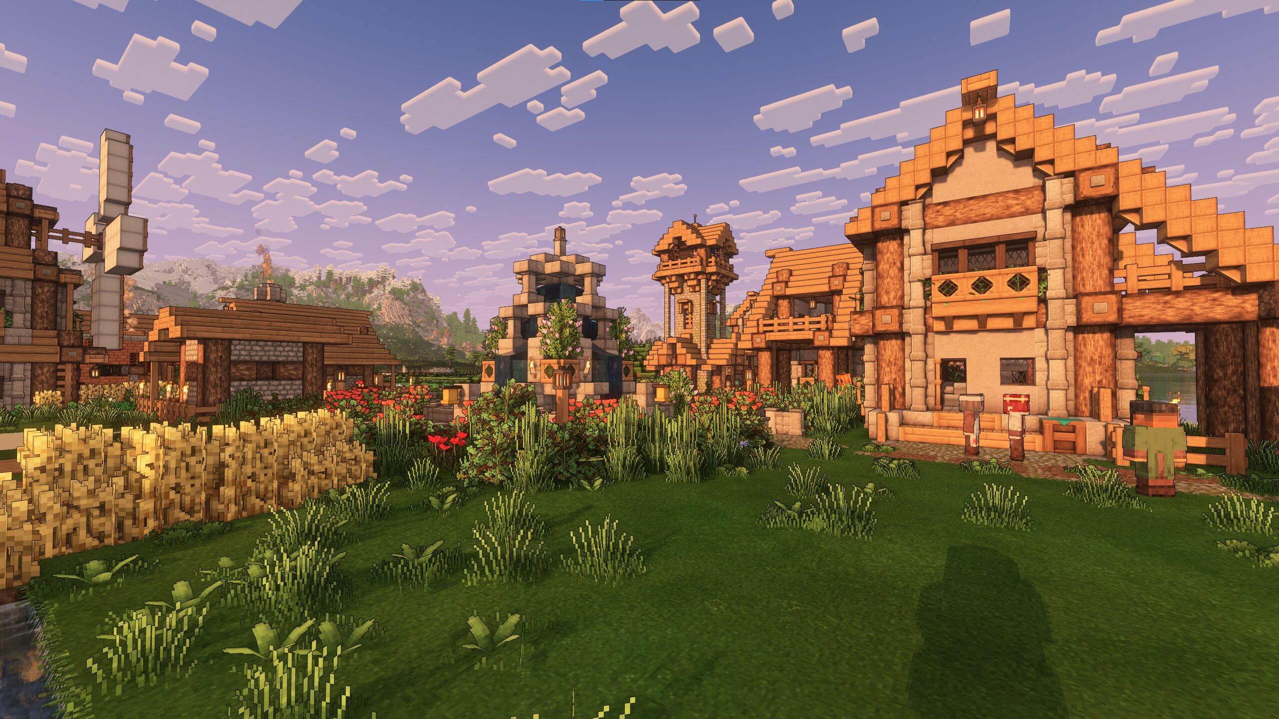 A village at sunset.