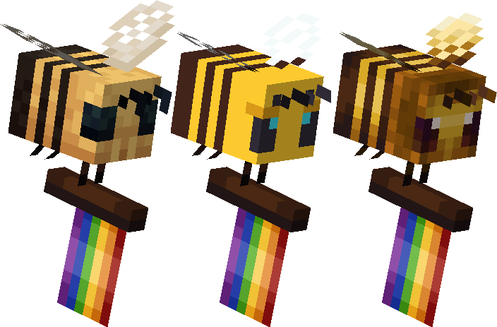 A series of pride flag carrying bees from the resource packs Ashen, Bare Bones, and Modern Mizuno's