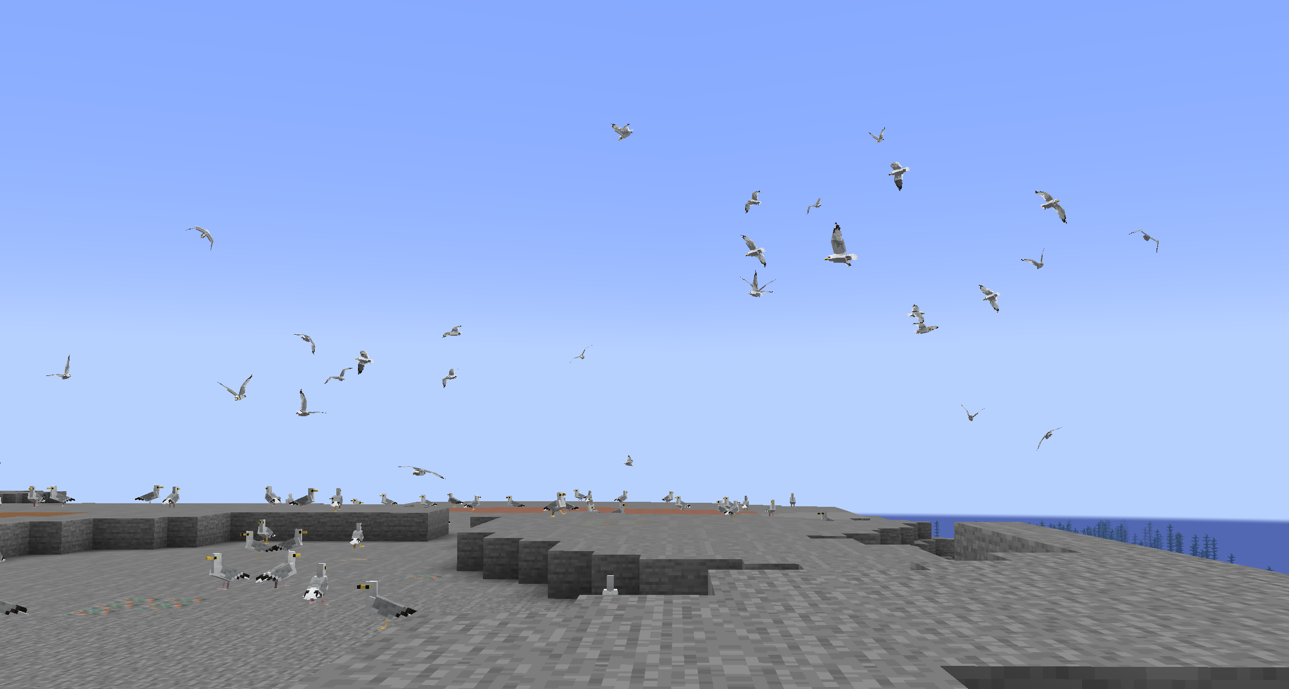 In game screenshot of seagulls flying around
