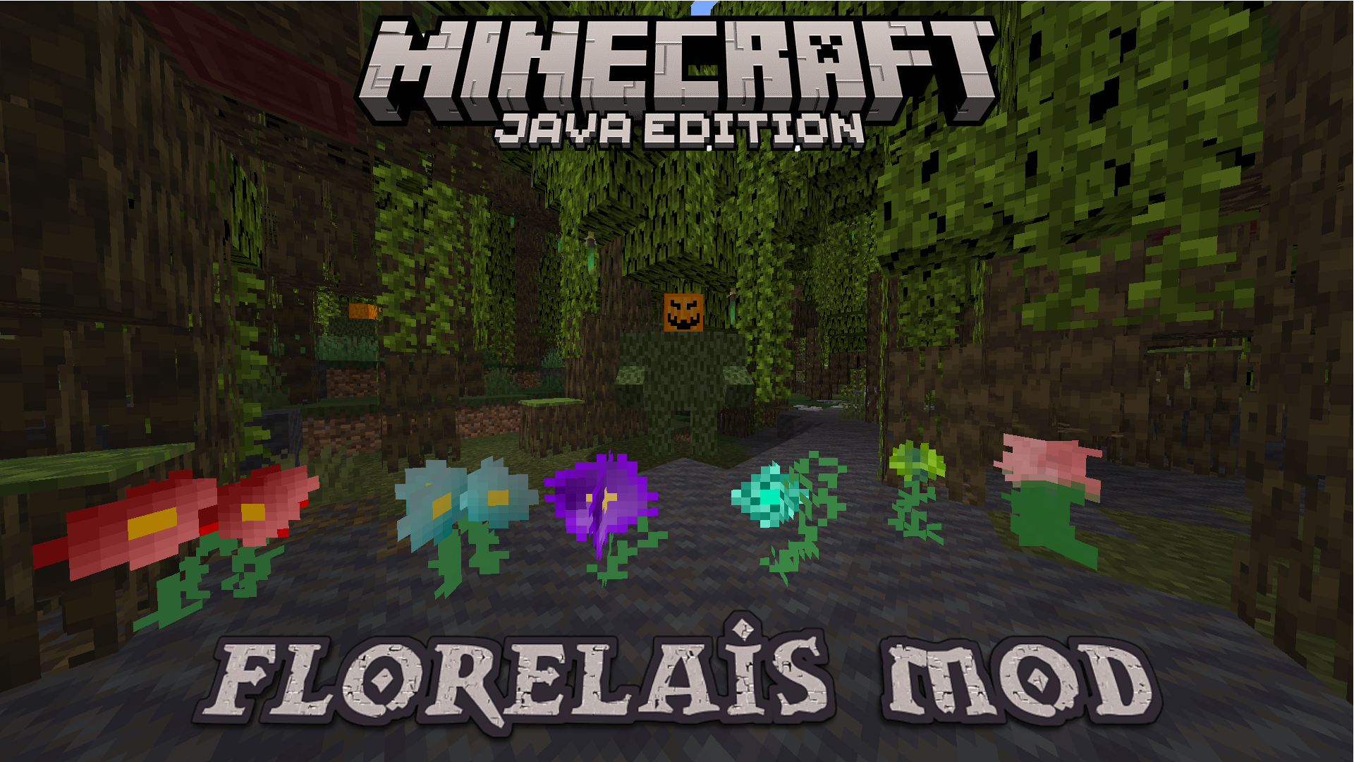 Mod Thumbnail which shows the 6 flowers added by Floreláis and the boss, Guardian of the Gardens inside of a Mangrove Swamp during the day.