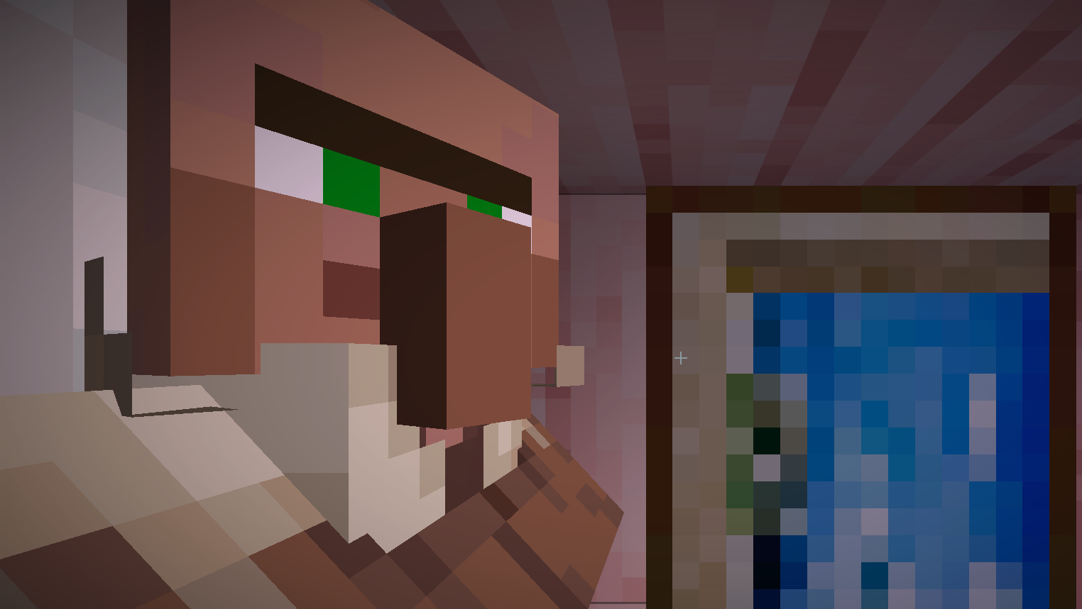 Minecraft villager in a bed looking at the viewer