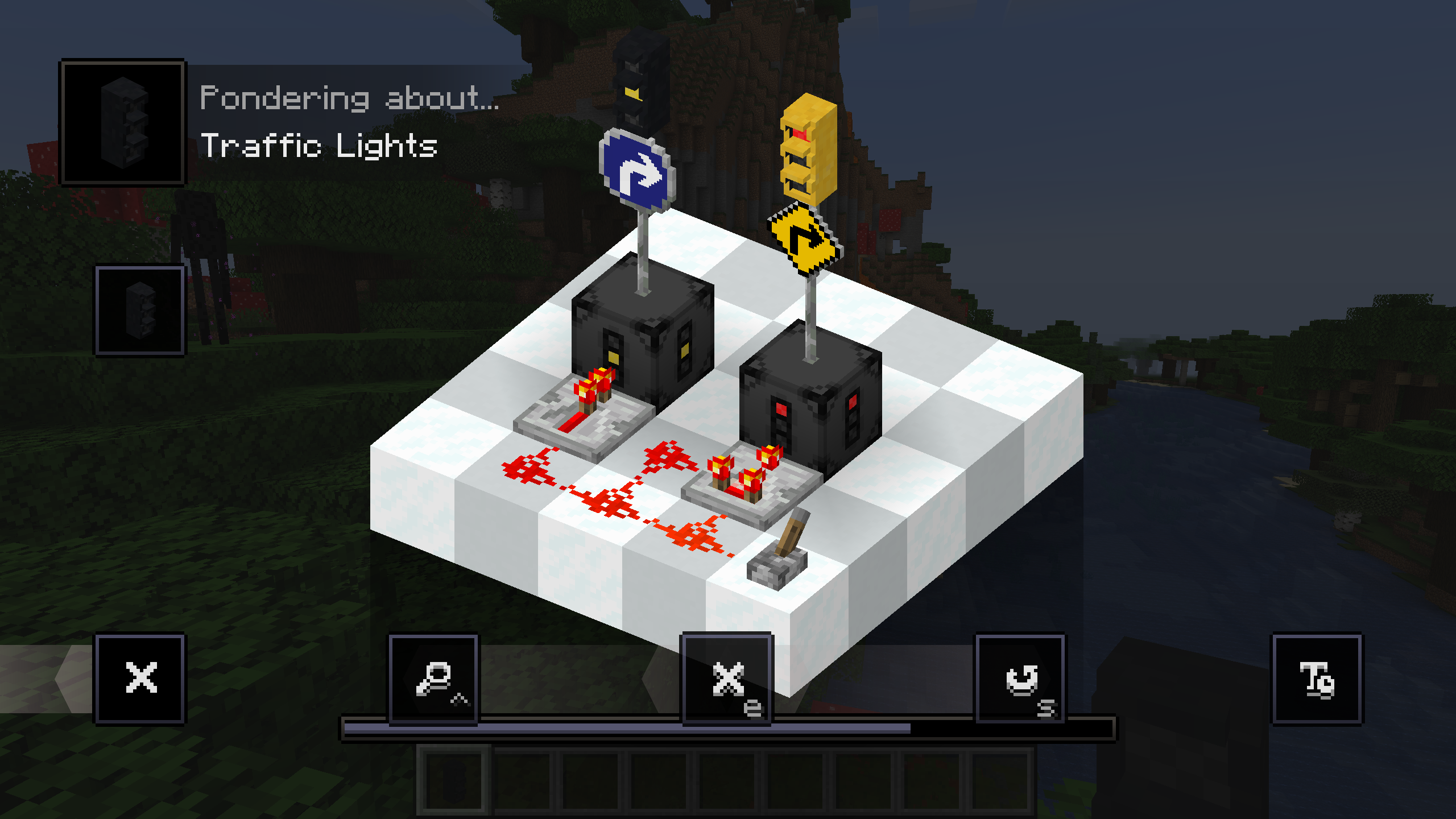 The traffic lights ponder for the traffic lights from Roads 'n' Vehicles. Showing the player the correlation between the redstone strength the controller block recieves and the traffic light above.
