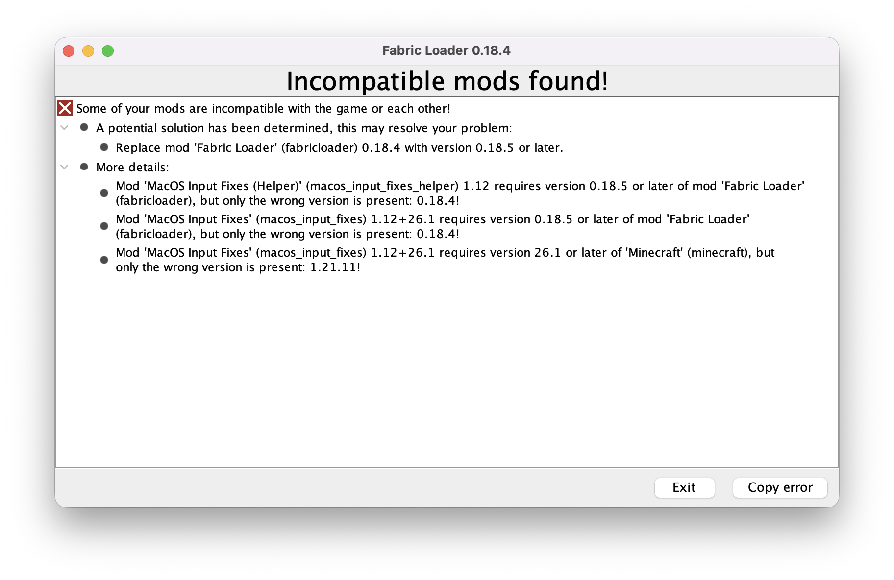 Replace mod 'Fabric Loader' (fabricloader) 0.18.4 with version 0.18.5 or later