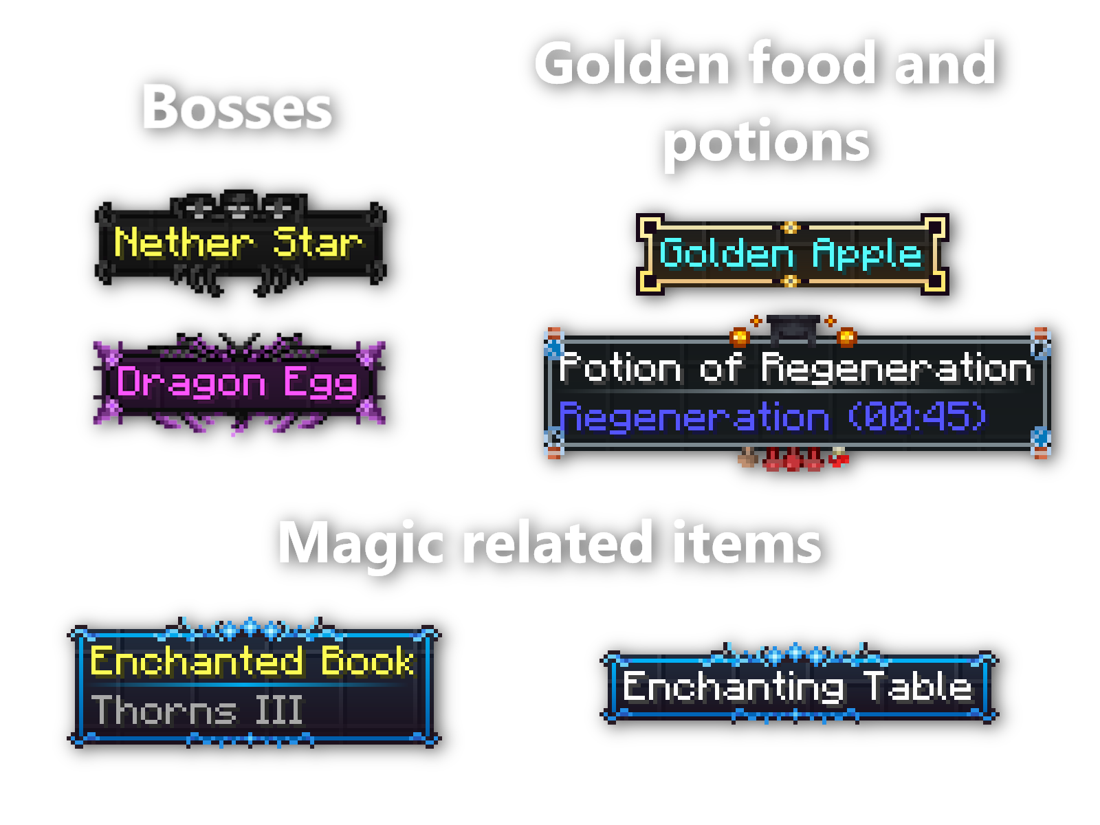 showcase of tooltips for boss items, magic and potions