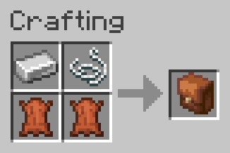 An image of the recipe for a satchel. Put one iron ingot on the top left of the recipe screen, a string on the top right, and two leather on the slots below the iron and the string to craft 1 satchel.