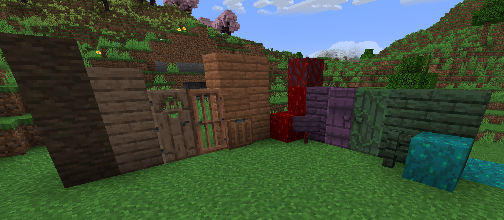 Kapok, Acacia, Wartwood, and Warpedwood next to each other