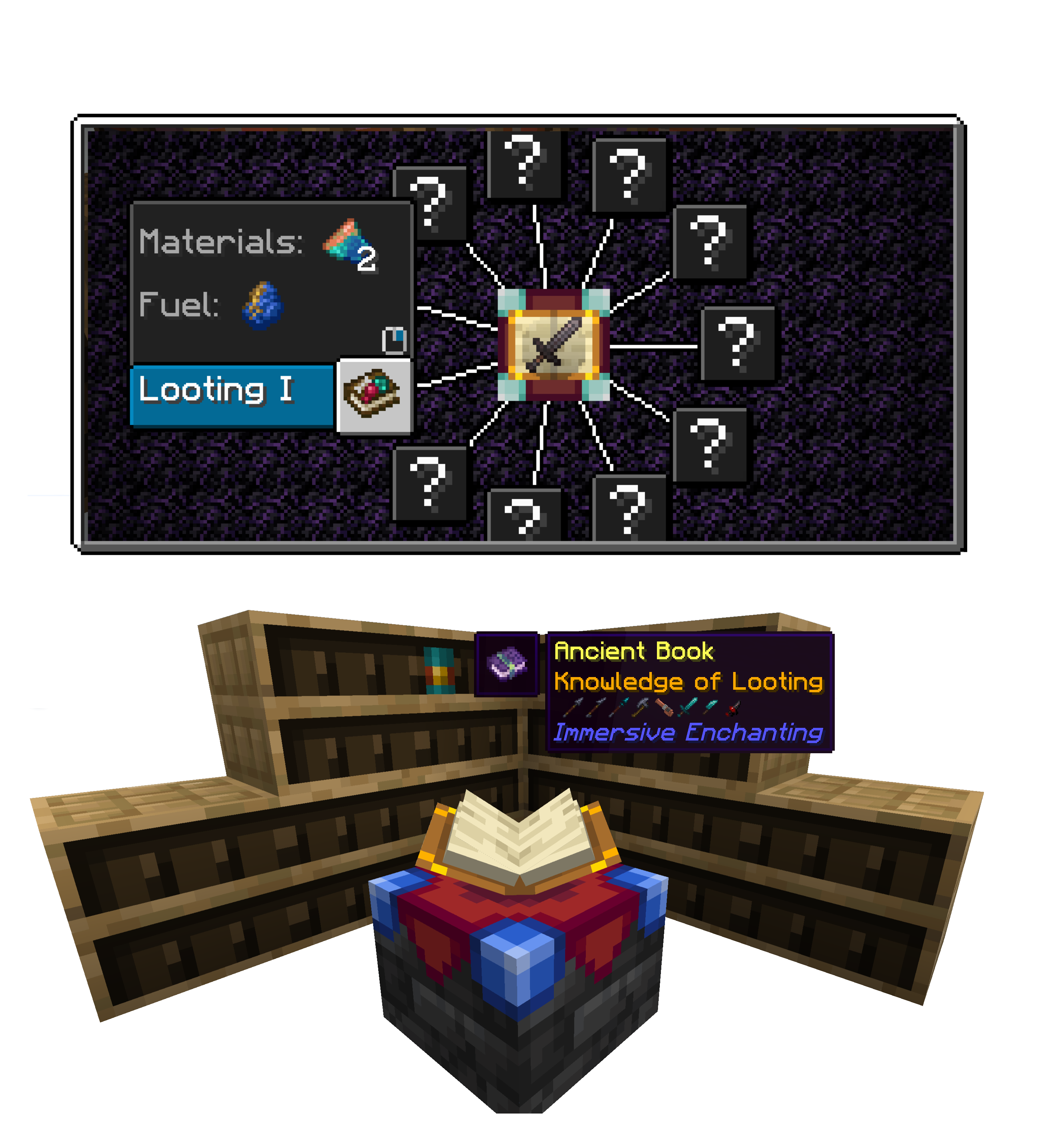 Placing Ancient Books into Chiseled Bookshelves next to an Enchanting Table will enable you to enchant items with the book's enchantment!