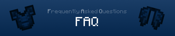 On the left, there is an Abyssium Chestplate rotated 15 degrees to the left. In the middle and at the top, it reads "Frequently Asked Questions". Below it, it reads "FAQ". On the right, you can see an Abyssium Plated Elytra rotated 15 degrees to the right. The background of the image is a blue color, fading into a navy blue color from the top to bottom.