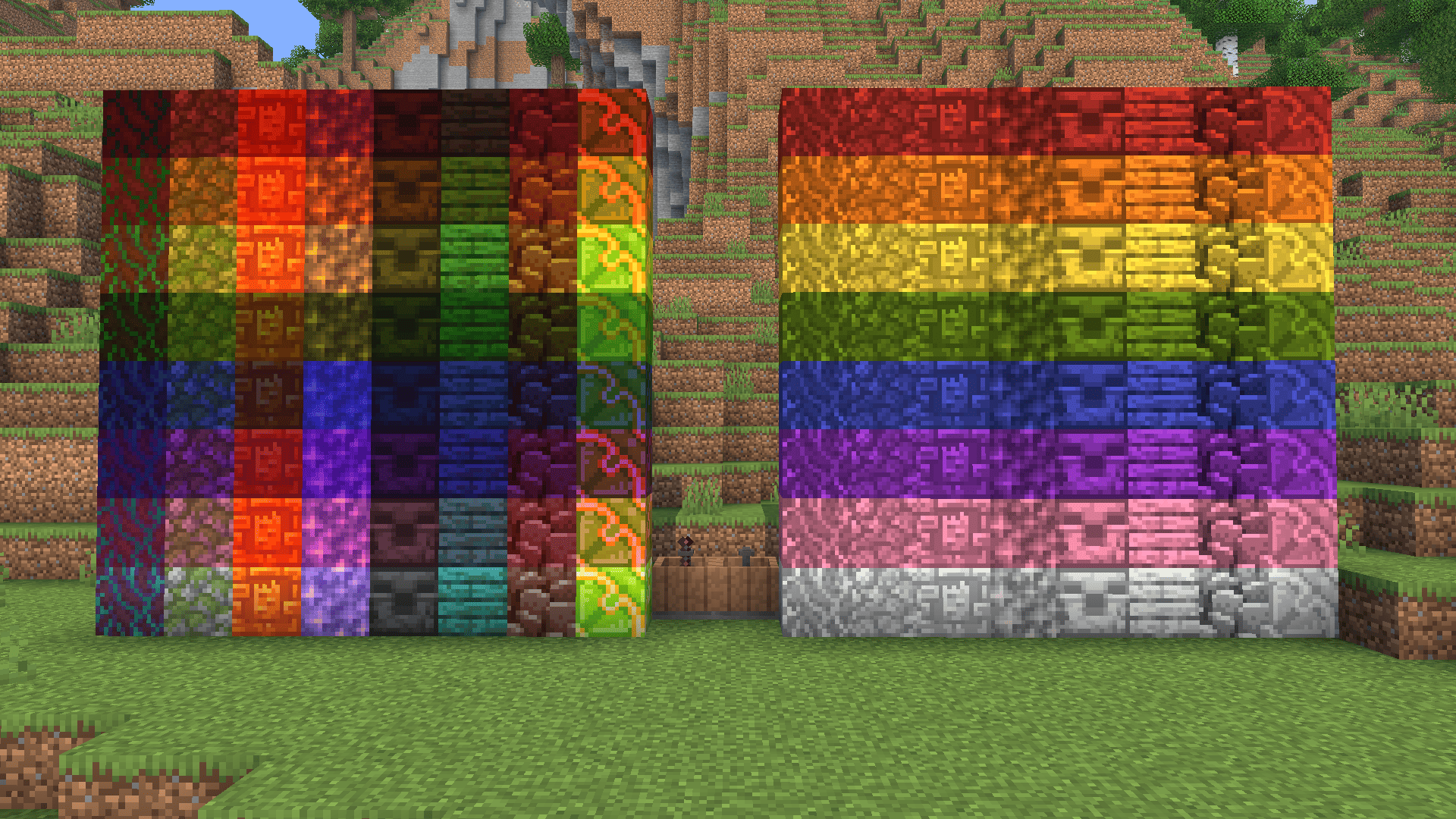 Various blocks tinted different colors. The blocks on the left have regular tinting, which can have block colors show through paints. The right side blocks are colored in a way so no pre-existing block colors show through.