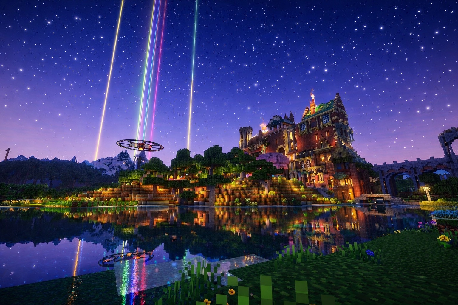 A picture taken at night using shaders of a hotel near spawn by a river. There are colorful beacon beams in the background alongside a floating, circular observation deck.