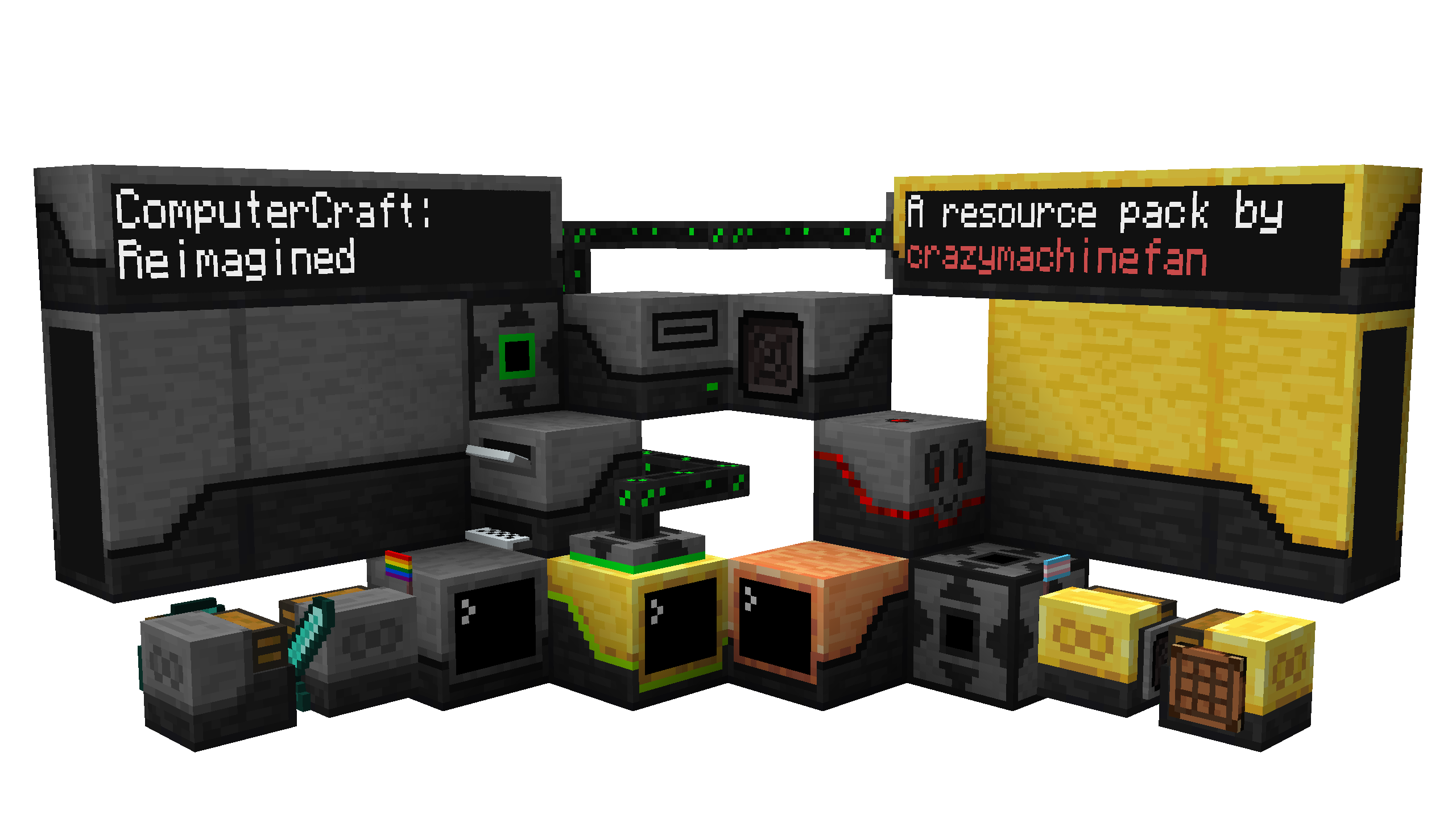 A full spread of the block textures in the pack. Displayed text reads "ComputerCraft: Reimagined" on the left and "A resource pack by crazymachinefan" on the right. crazymachinefan is in red text. Blocks from left to right, top to bottom: Monitor (front), Network Cable, Advanced Monitor (front), Monitor (side), Monitor (back), Modem (block, peripheral attached), Card Reader (formerly Disk Drive, green status light is on), Speaker, Advanced Monitor (back), Advanced Monitor (side), Printer (fully loaded), Modem (panel, channel open), Network Cable (again), Redstone Relay, Turtle, Melee Turtle (holding a pride flag), Computer, Advanced Computer (with RGB lights), Command Computer, Modem (block, off), Advanced Noisy Turtle (holding a trans flag), Advanced Crafty Turtle. All components have a black base. Normal components have a grey top, advanced components have a gold top.