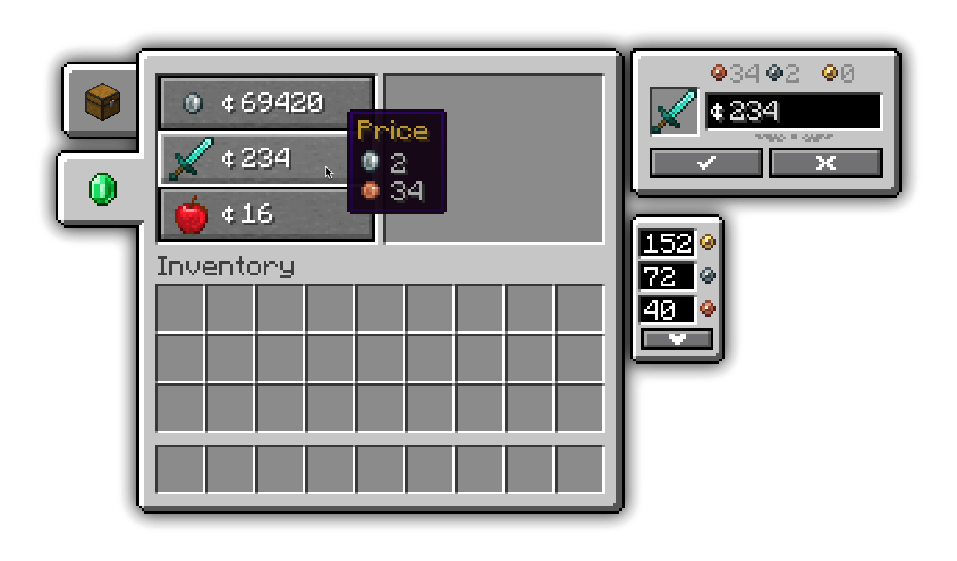 Shop screen, showing the setup of trades