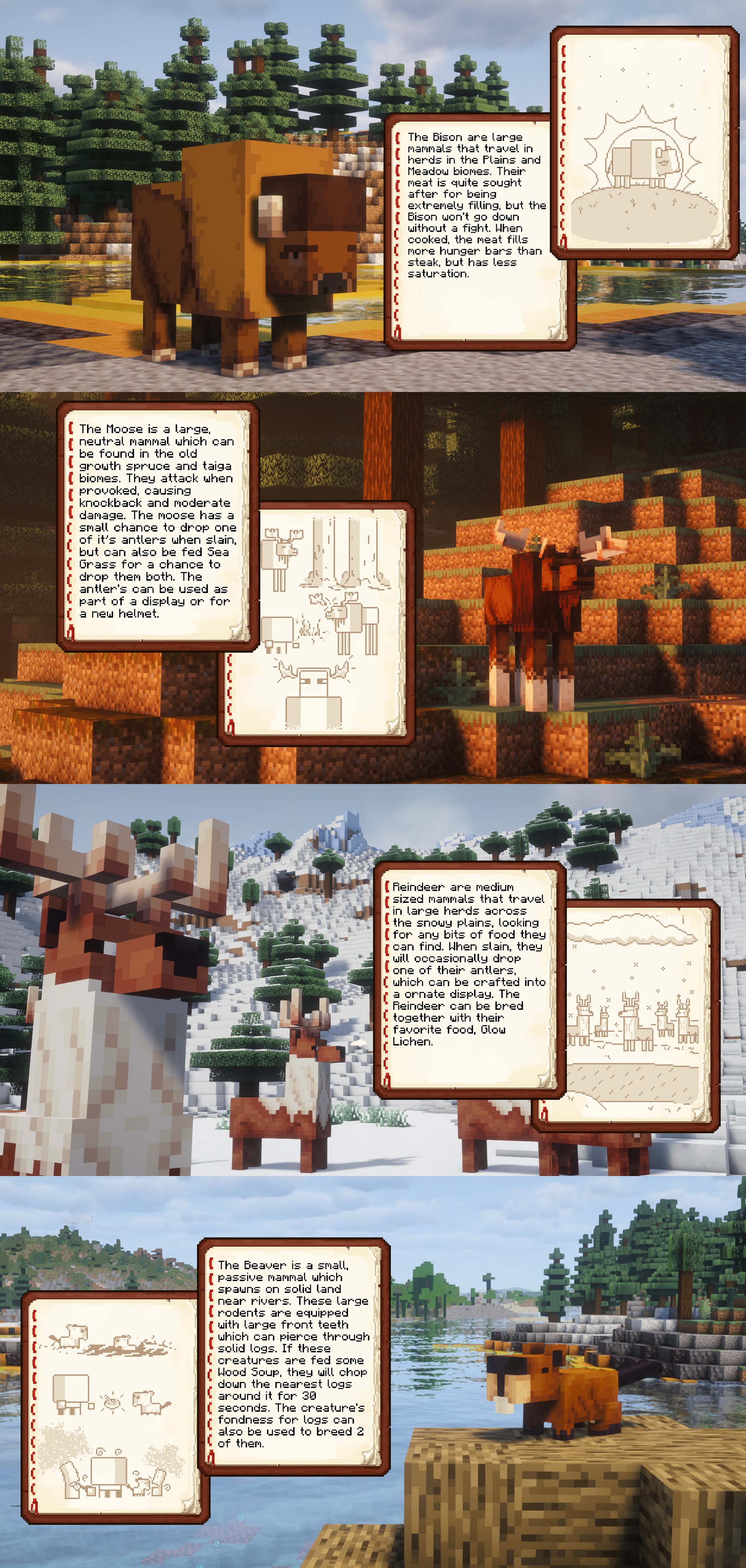 4 images stacked on top of each other, displaying info on the bison, moose, reindeer, and beaver mob, the info is displayed in book pages