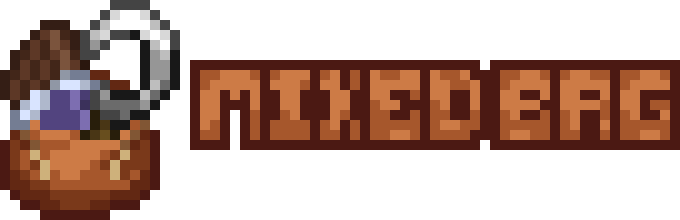 Bold logo spelling 'Mixedbag' with a bundle with chocolate bar and a sickle sticking out