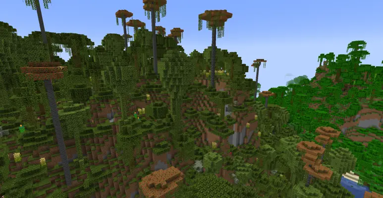 an overhead view of a chaotic messy dense forest with heavy foliage and tall trees