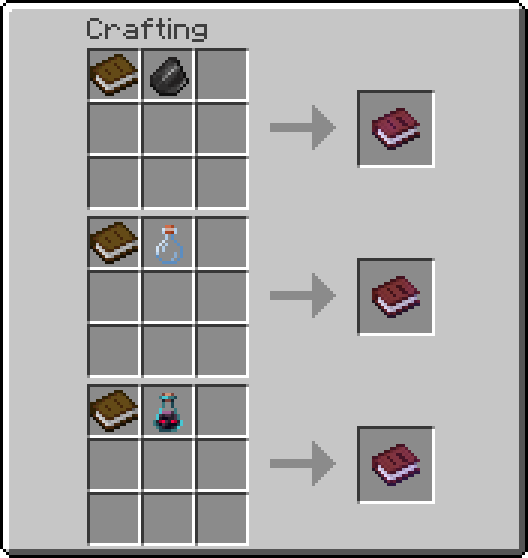 Recipes for the guide books. A book plus flint, an empty bottle, and an ominous bottle for rituals, brewing, and curses respectively.