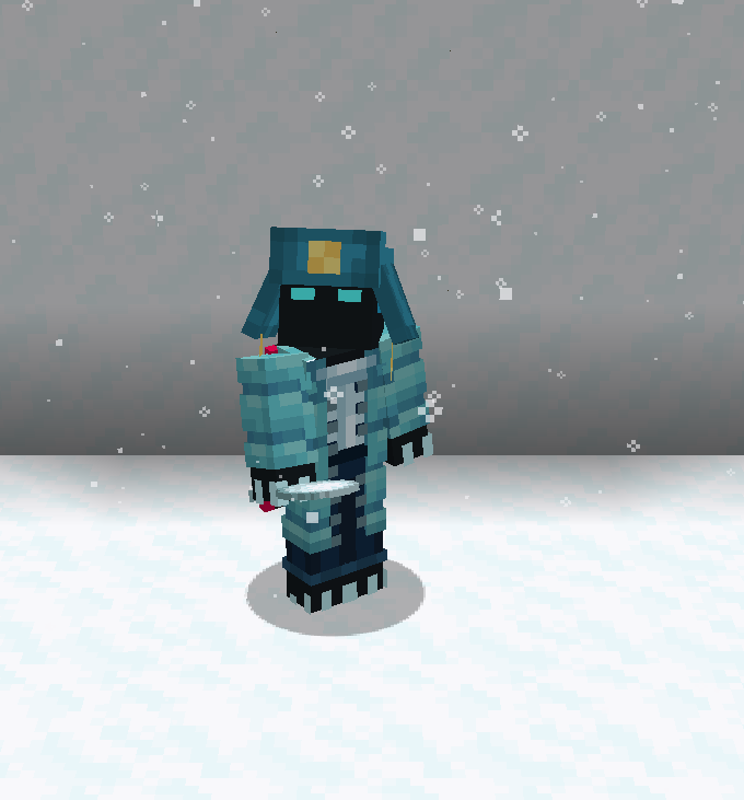Cyan NoodleDoodle wearing a cyan-coloured Ushanka in front of a snowy backdrop