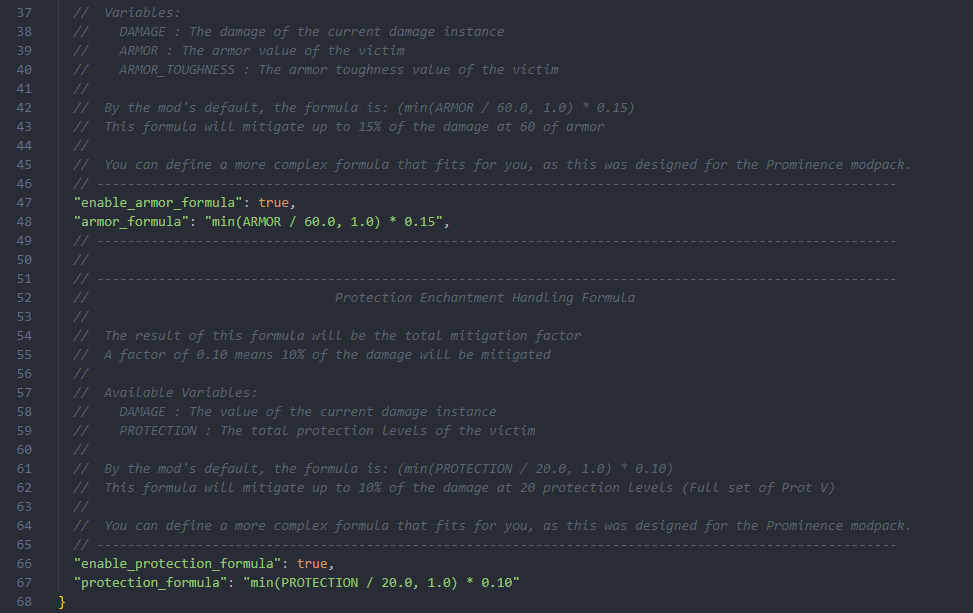 The configuration file of the mod, showing options to enable custom formulas, and to change them
