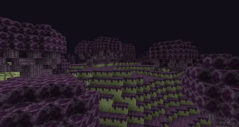 a wasteland of a forest with round trees and purple moss growing over the endstone