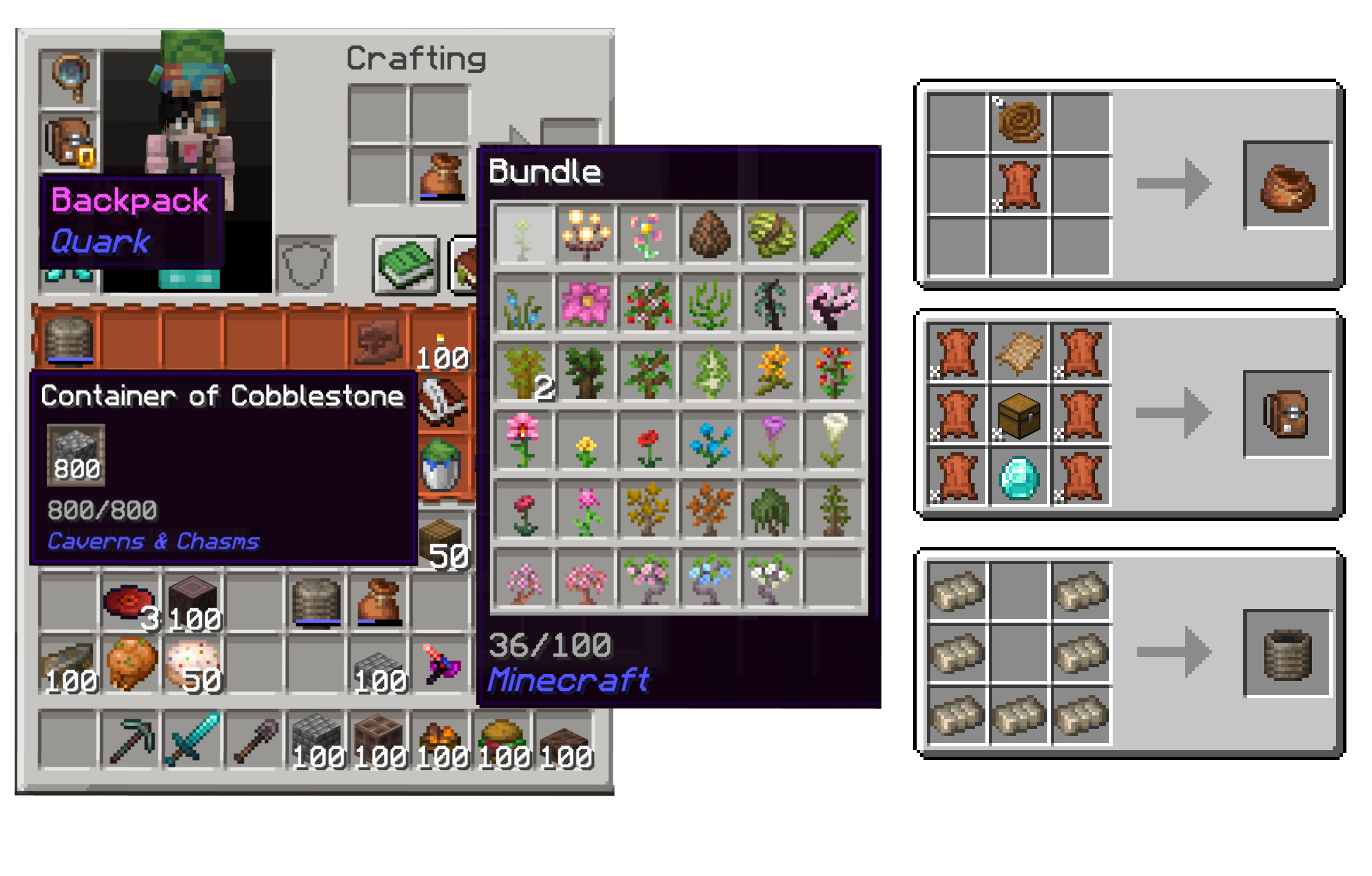 Bundles can contain any variation of 100 items. Packing containers can contain 800 of 1 item. Backpacks give you 3 extra rows of inventory slots.
