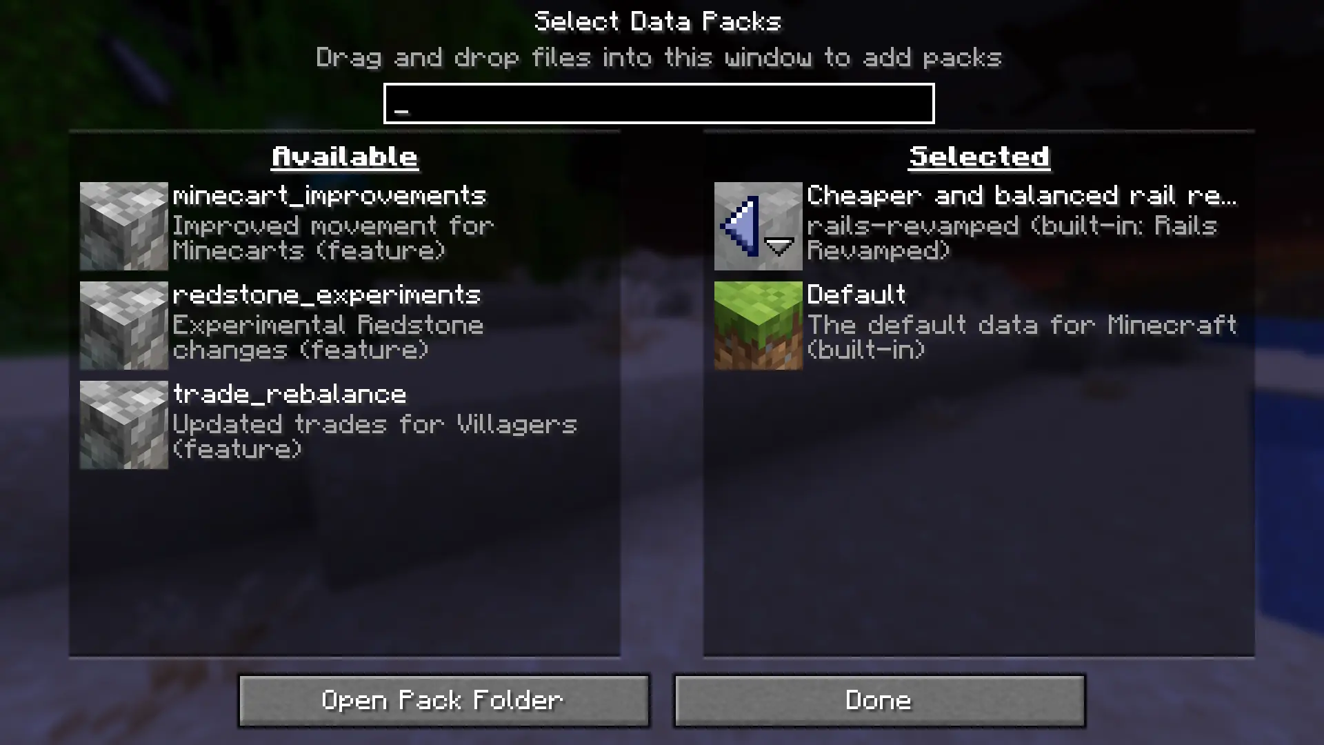 Data pack selection during world creation.
