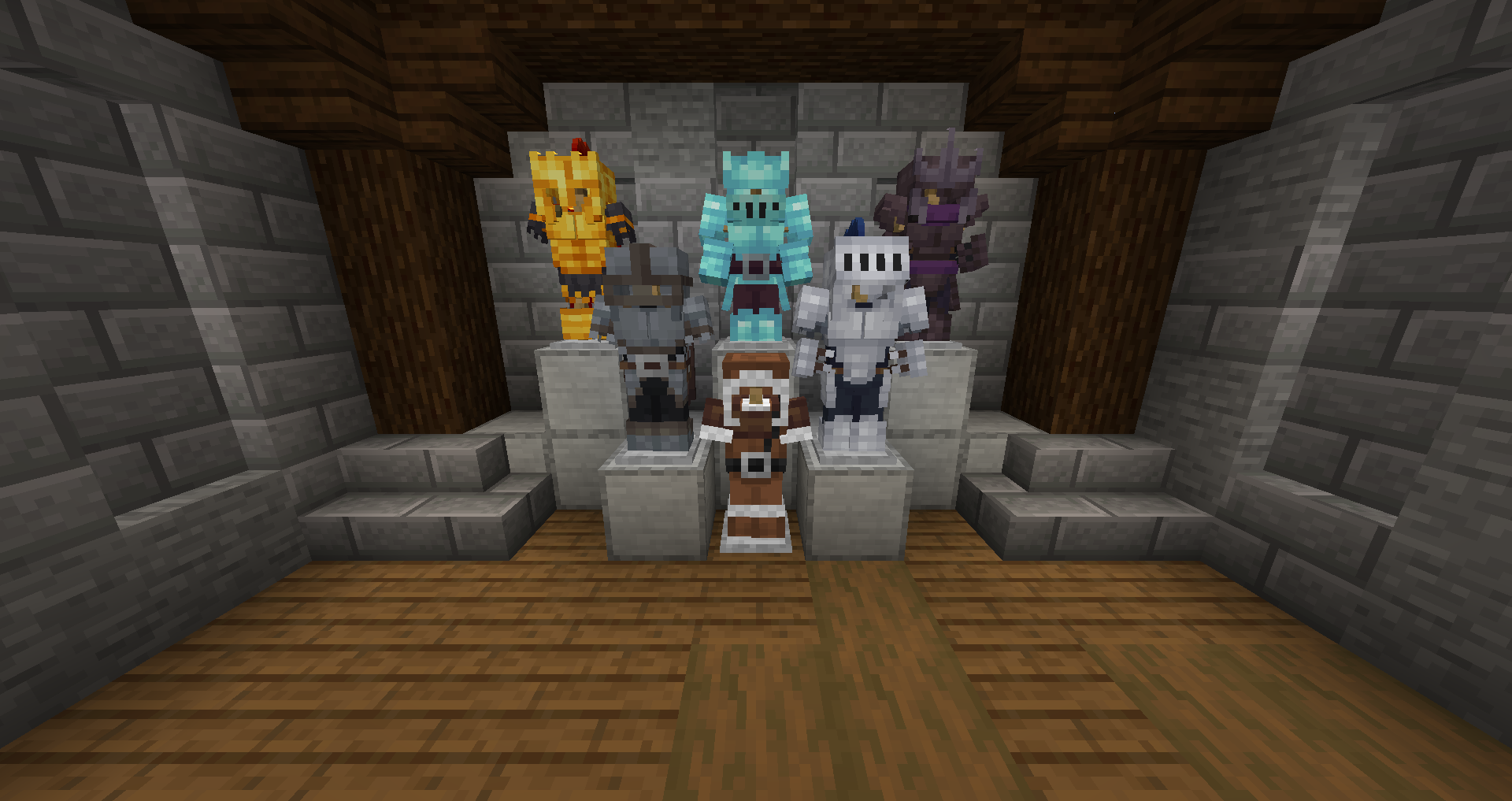 All armor sets are displayed in a small room