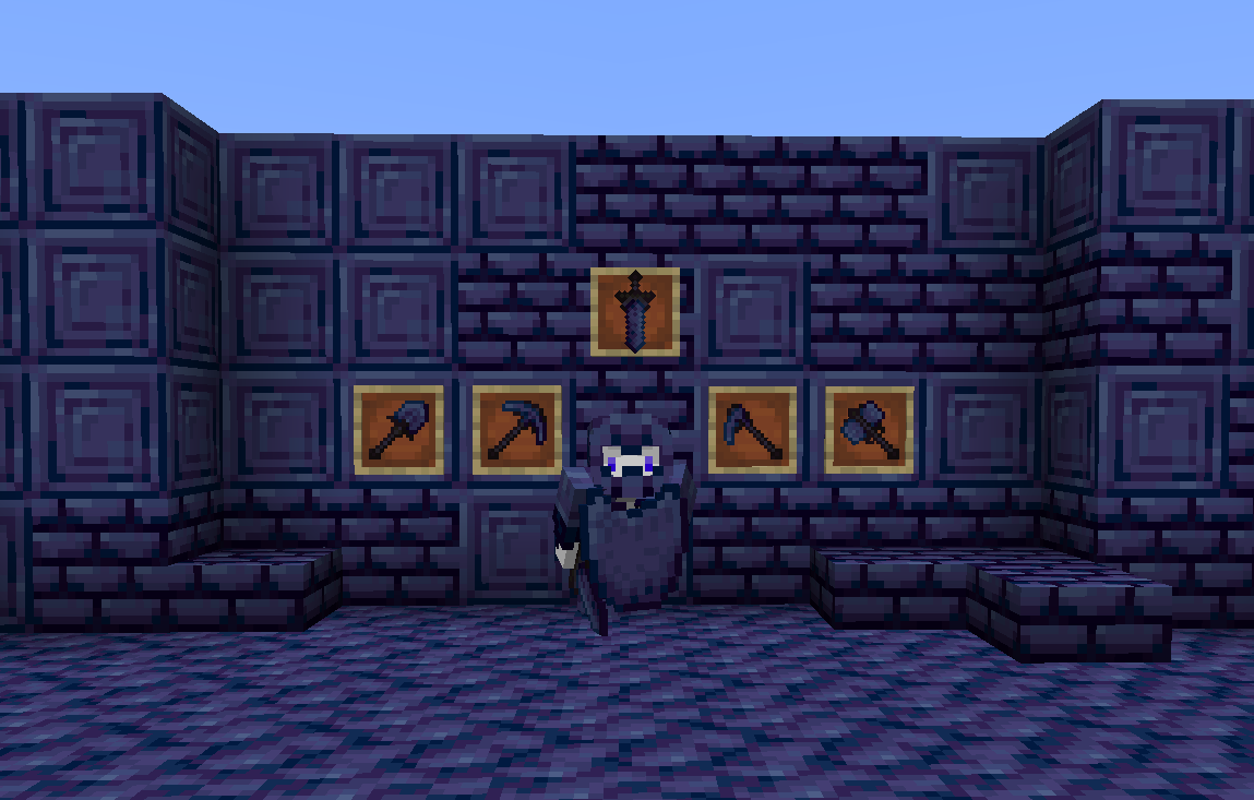 there are bluish purple tools on the wall and an armor set on display made of the same material