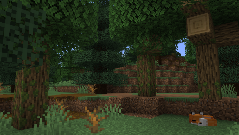 A fox sleeping in a mixed forest biome