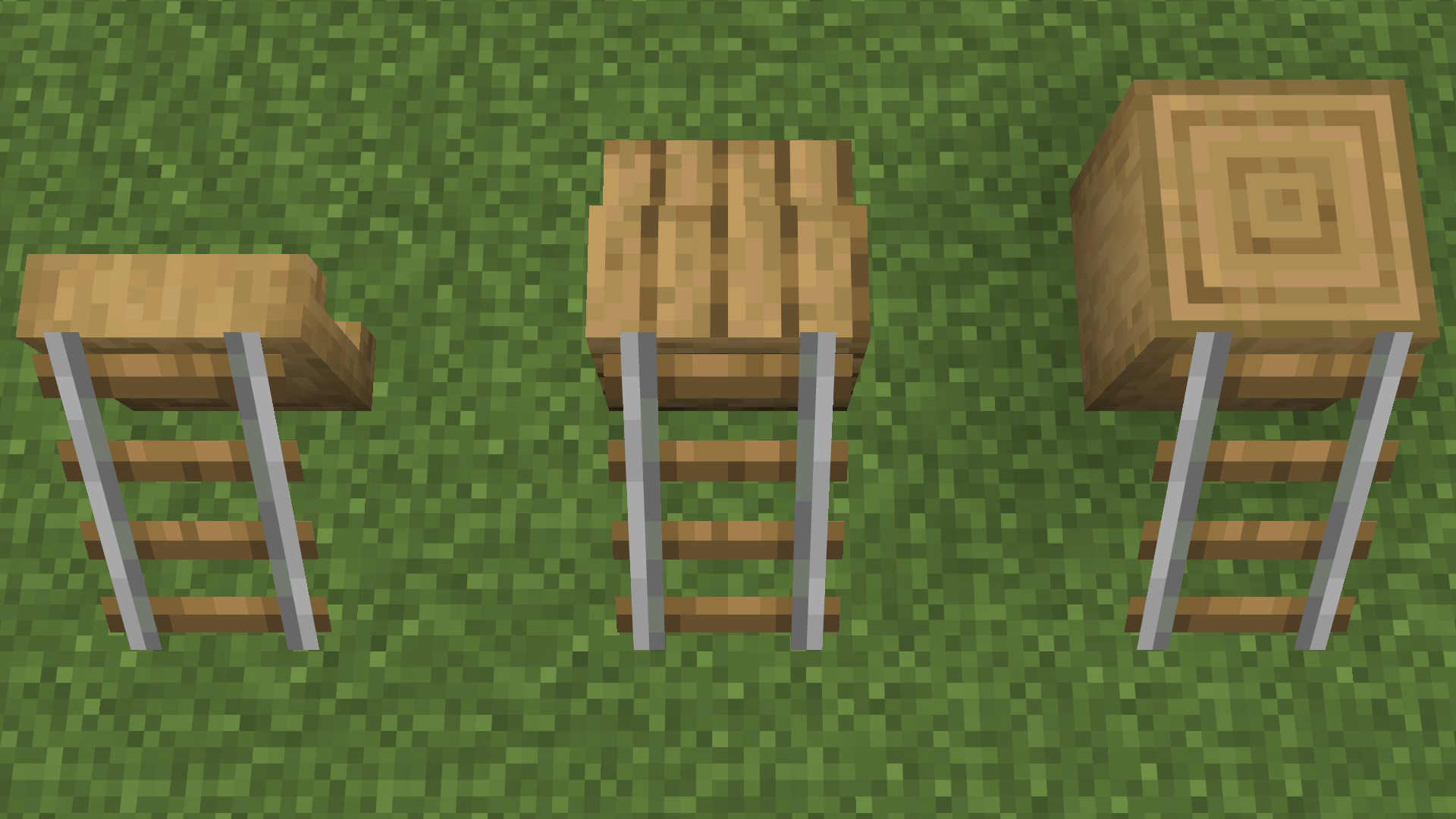 Rail placement improvements include support of angled rails by some more non-full blocks. Here, rails are supported by the back of a shelf, the back of a stair, and a full block.