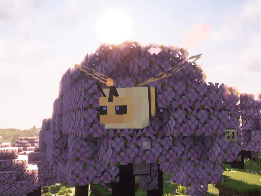 Bee flying across a cherry blossom tree.