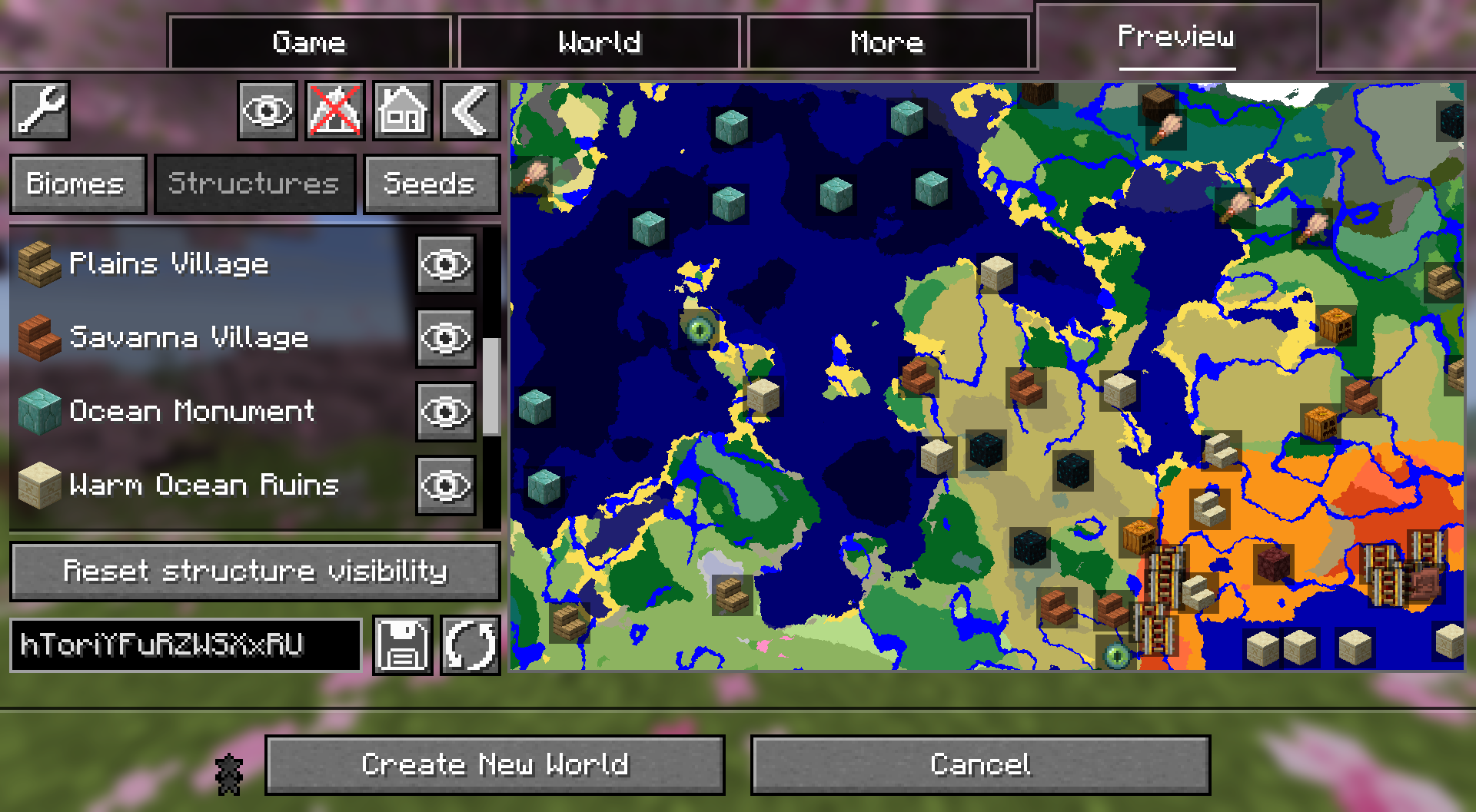 The same map, but with various items representing structures present
