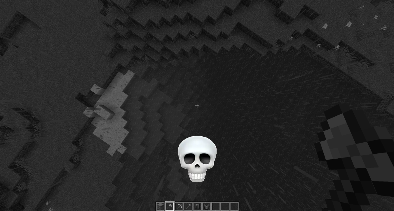 demostration of the mod, a grayscale image of minecraft with a skull on the lower thirds of the image