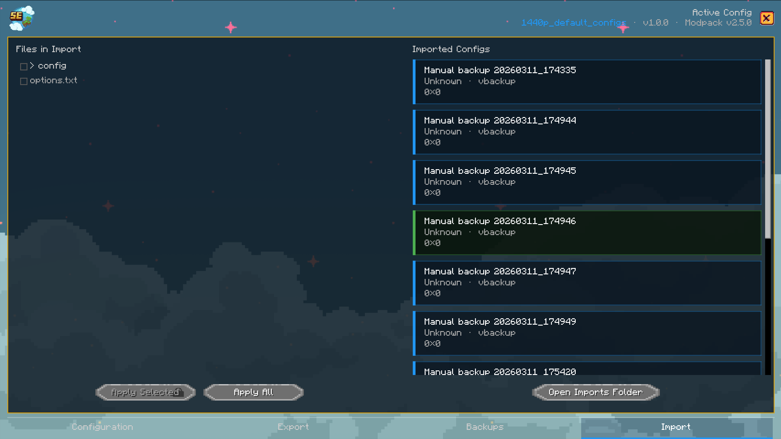 Config Manager import screen